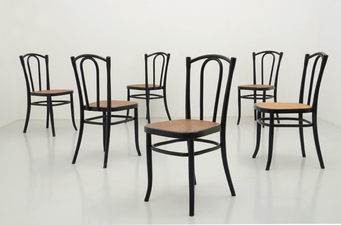 Set of six chairs in ebonized bent wood and straw seat, Fischel Vienna, 1880's.