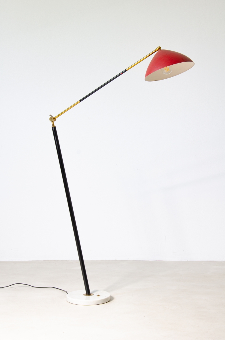 Stilux 1950's floor lamp in metal and brass with painted shade and marble base. Original stamp inside.