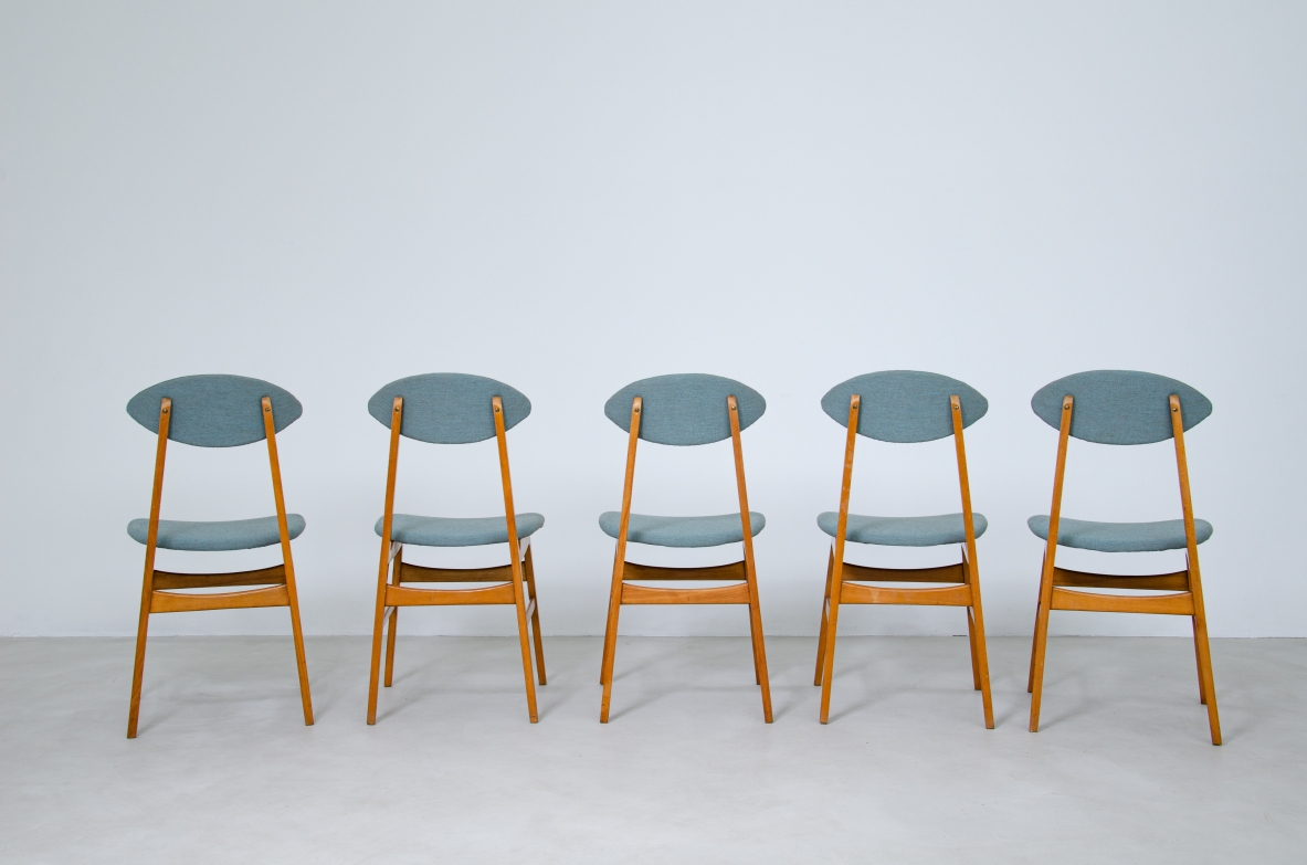 6 chairs with ogive back, wooden frame and cotton upholstery. Italy 1960's.