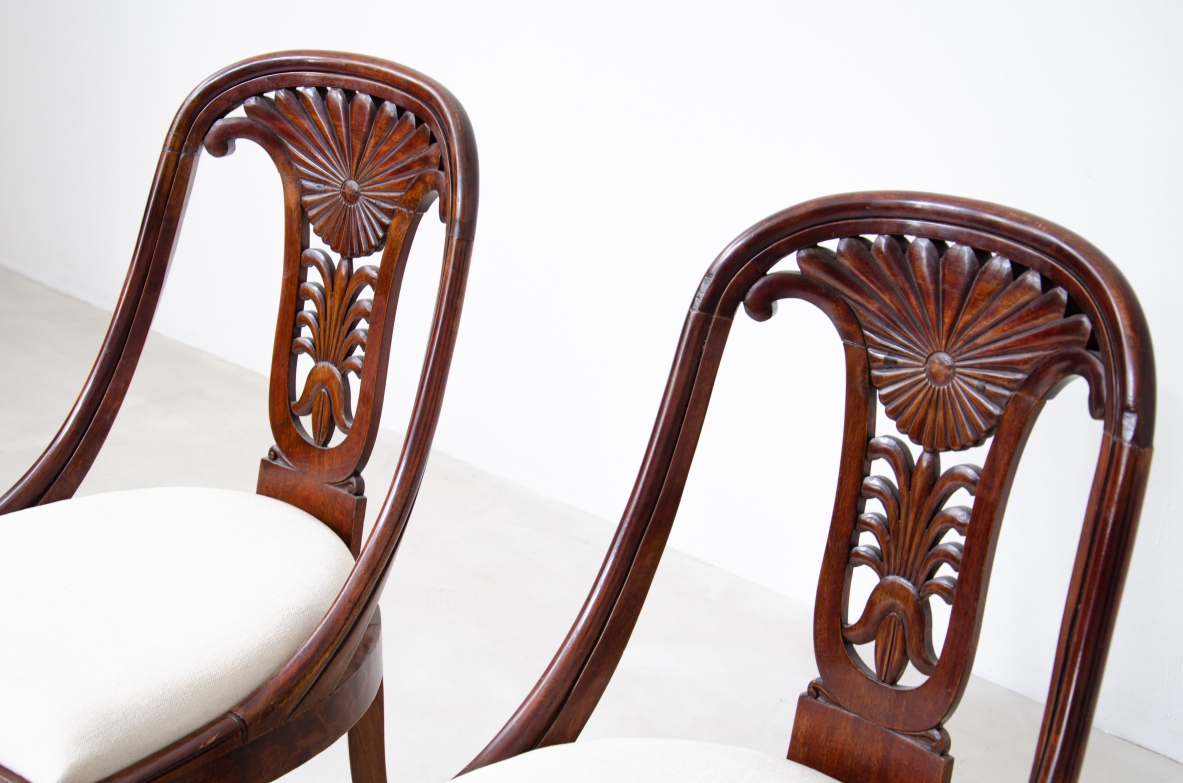 Rare set of 12 antique walnut cockpit chairs in walnut with carved back.  Charles X period,  Northern Italy, around 1830s.