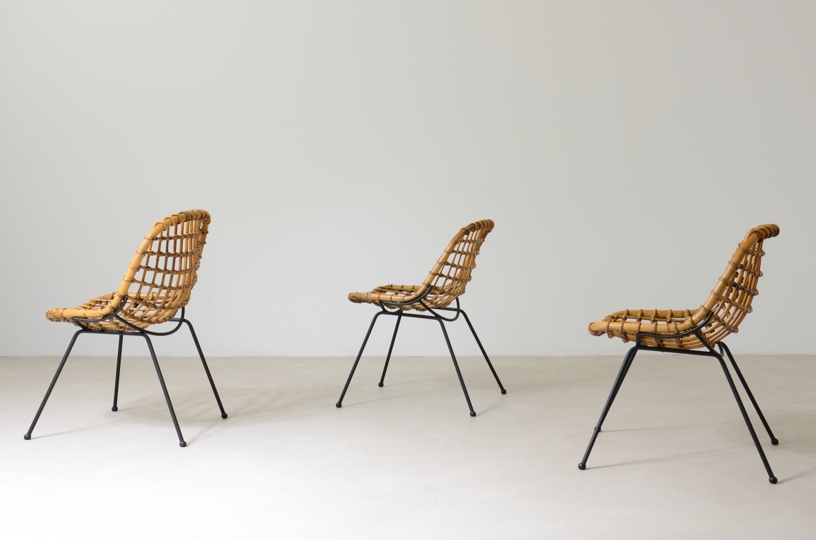 Gian Franco Legler. Set of 8 curved rattan chairs with iron rod structure, 1960's