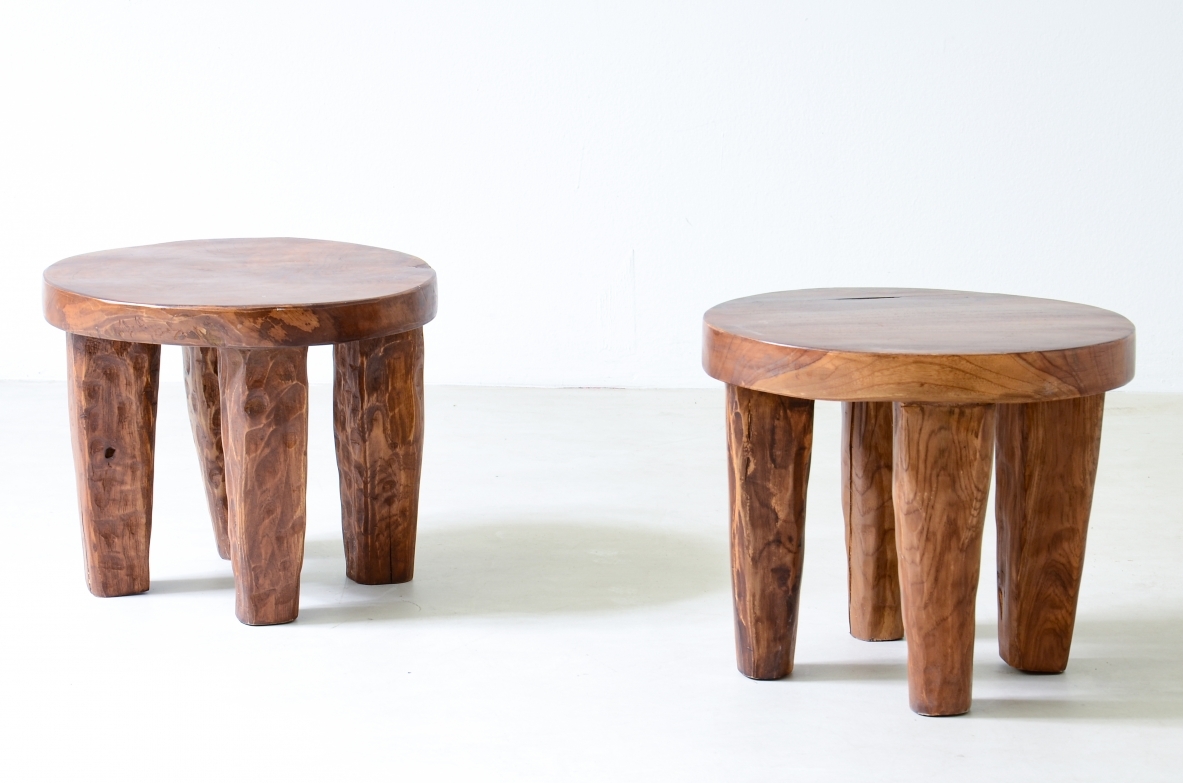 Pair of walnut stools with gouged wooden feet.  Italian manufacture from the 1930s