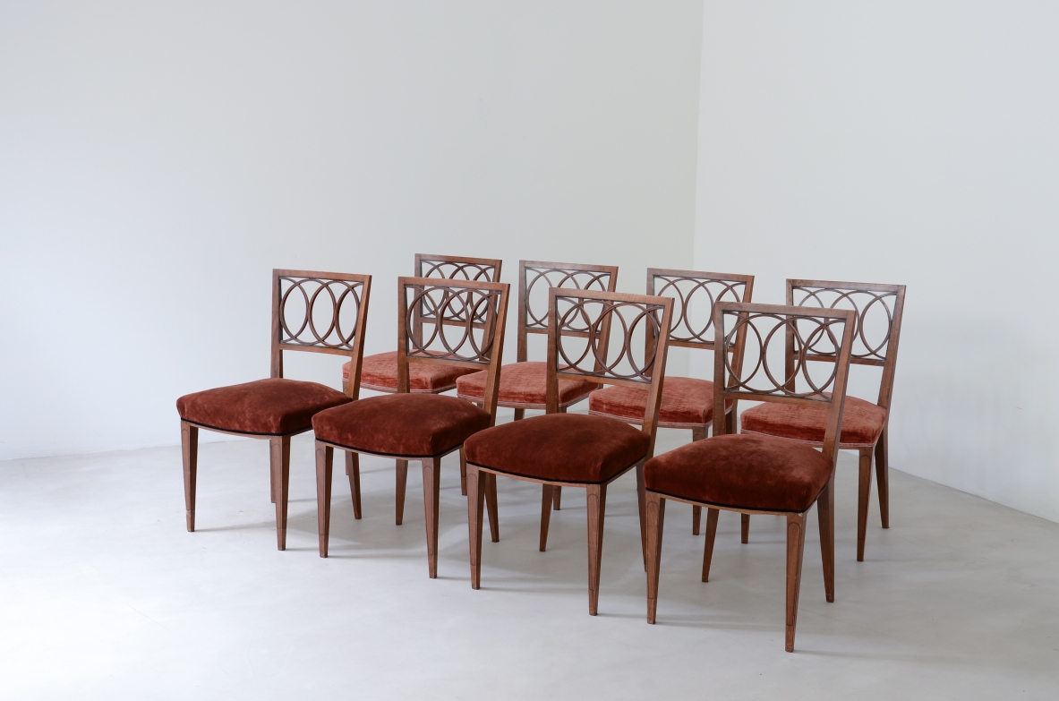 Paolo Buffa 8 elegant walnut chairs. Lietti manufacture 1930. Provenienza Gio Ponti