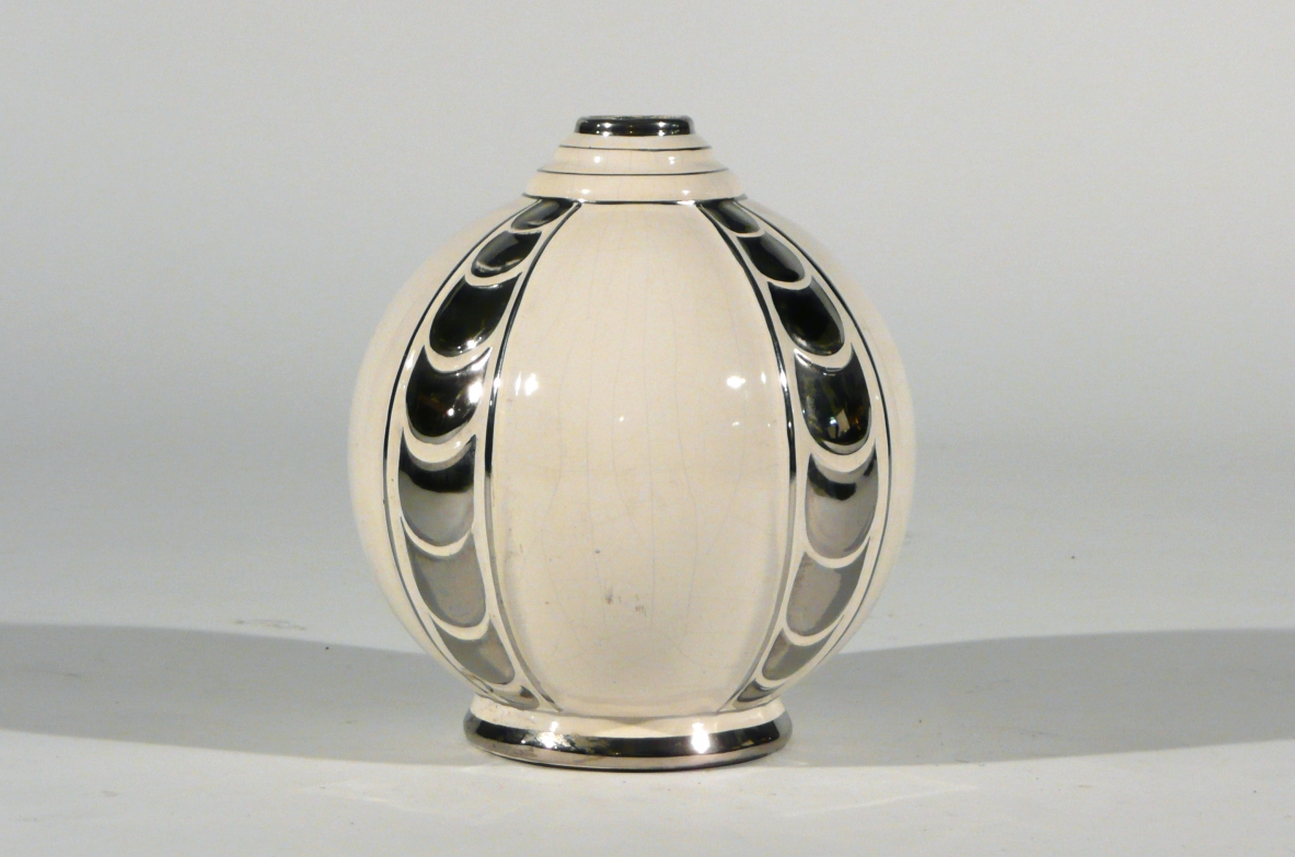 Art Deco ceramic vase with silver decorations.  French manufacture, 1930's.