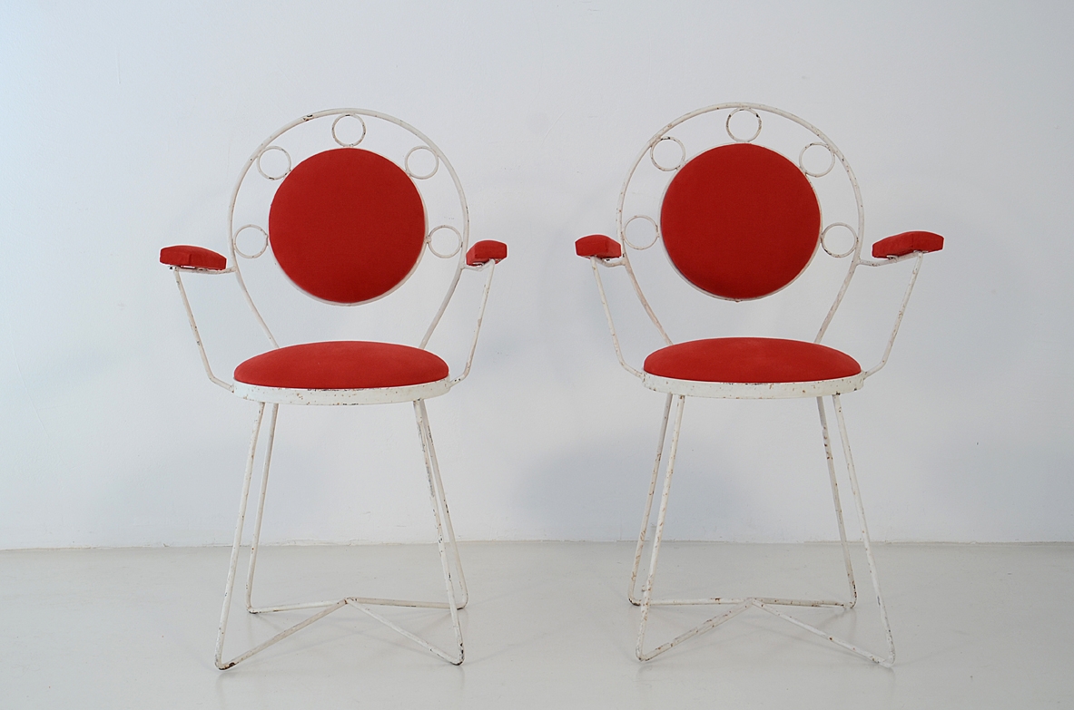 Pair of garden chairs upholstered in a red cotton, Italy 1950's.