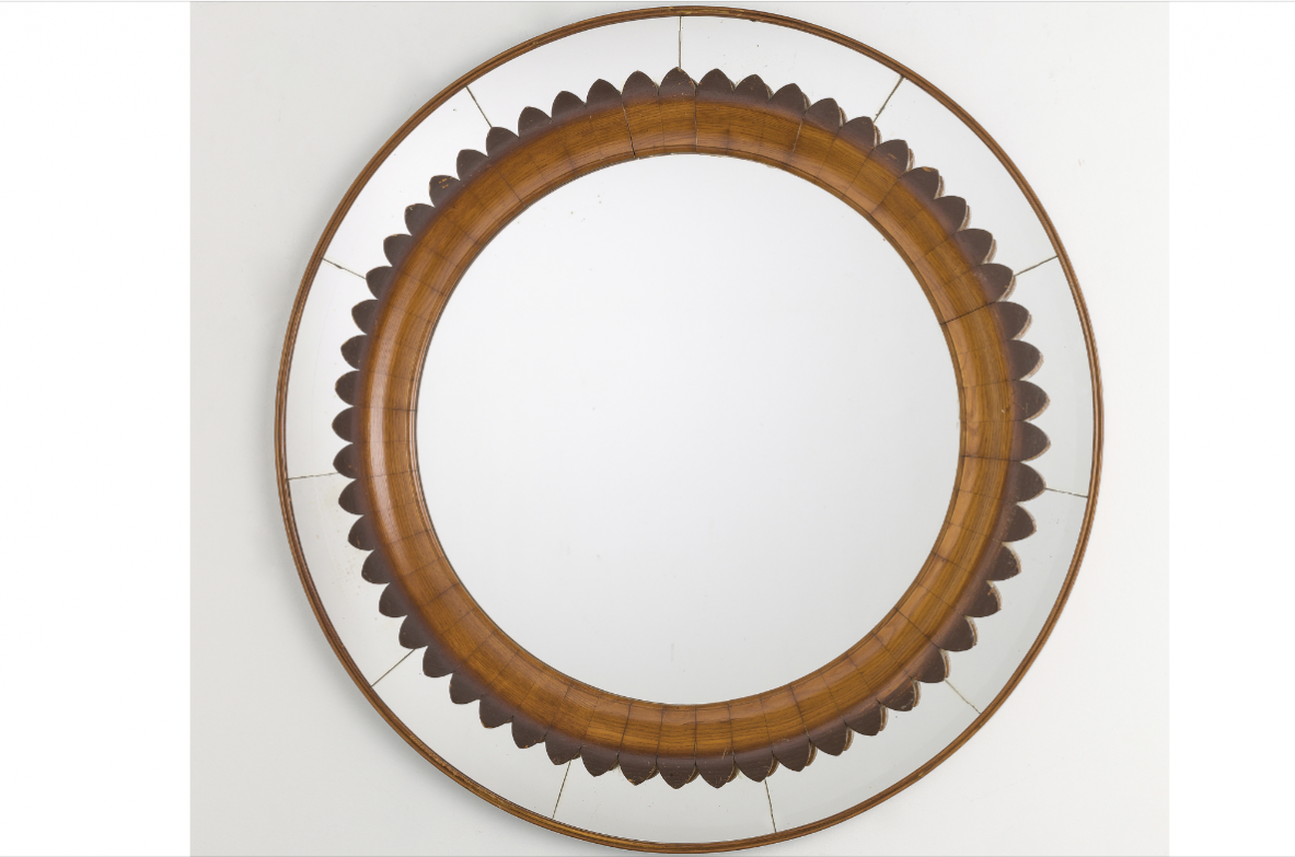 Pierluigi Colli, rare sculptural mirror framed with oak and mirrored crystal glass, Italy 1940's.