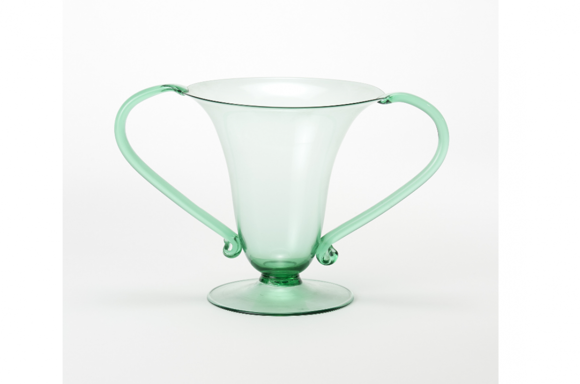 Murano manifacture, vase in translucent light green blown glass inspired by the "Libellula" model by Vittorio Zecchin.