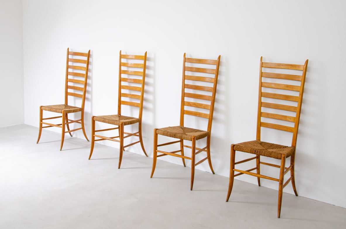 Paolo Buffa, set of four stunning 1940's high back chairs in light wood with original straw seat in very good condition.