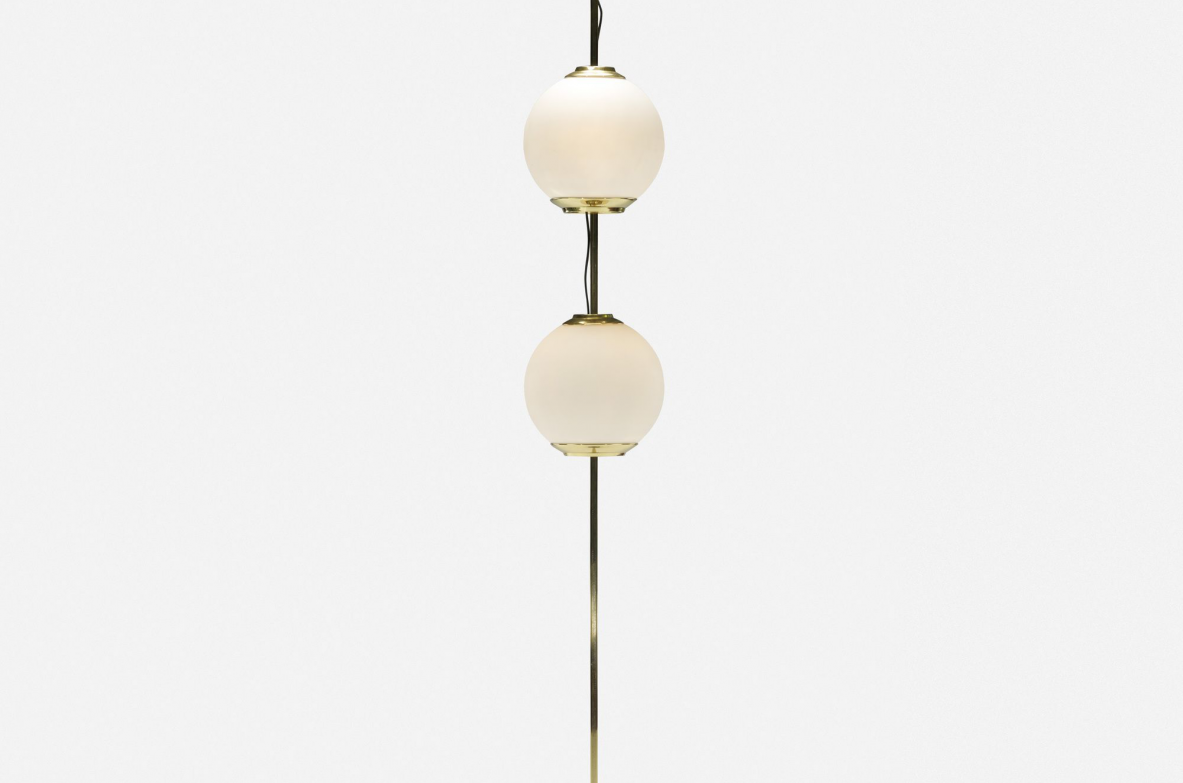 Luigi Caccia Dominioni, floor lamp mod. "Double Balloon" in brass, frosted glass and marble base. Prod. Azucena, 1958.
