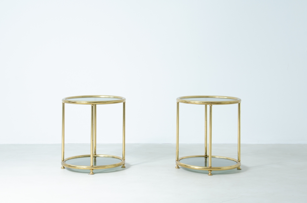 Pair of brass tables with two shelves in gray / blue glass.  Italian manufacture, 1970s.