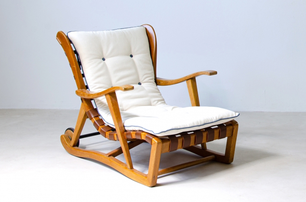 Guglielmo Pecorini. Rare pair of armchairs with rear wheels, coming from the Giulio Cesare ocean liner.