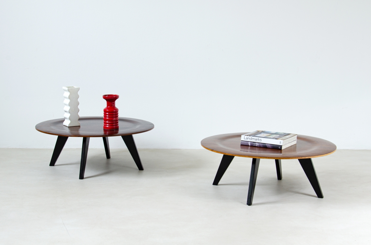 Charles and Ray Eames. Pair of coffee tables with rosewood top. Evans Products/Herman Miller, late 1940s