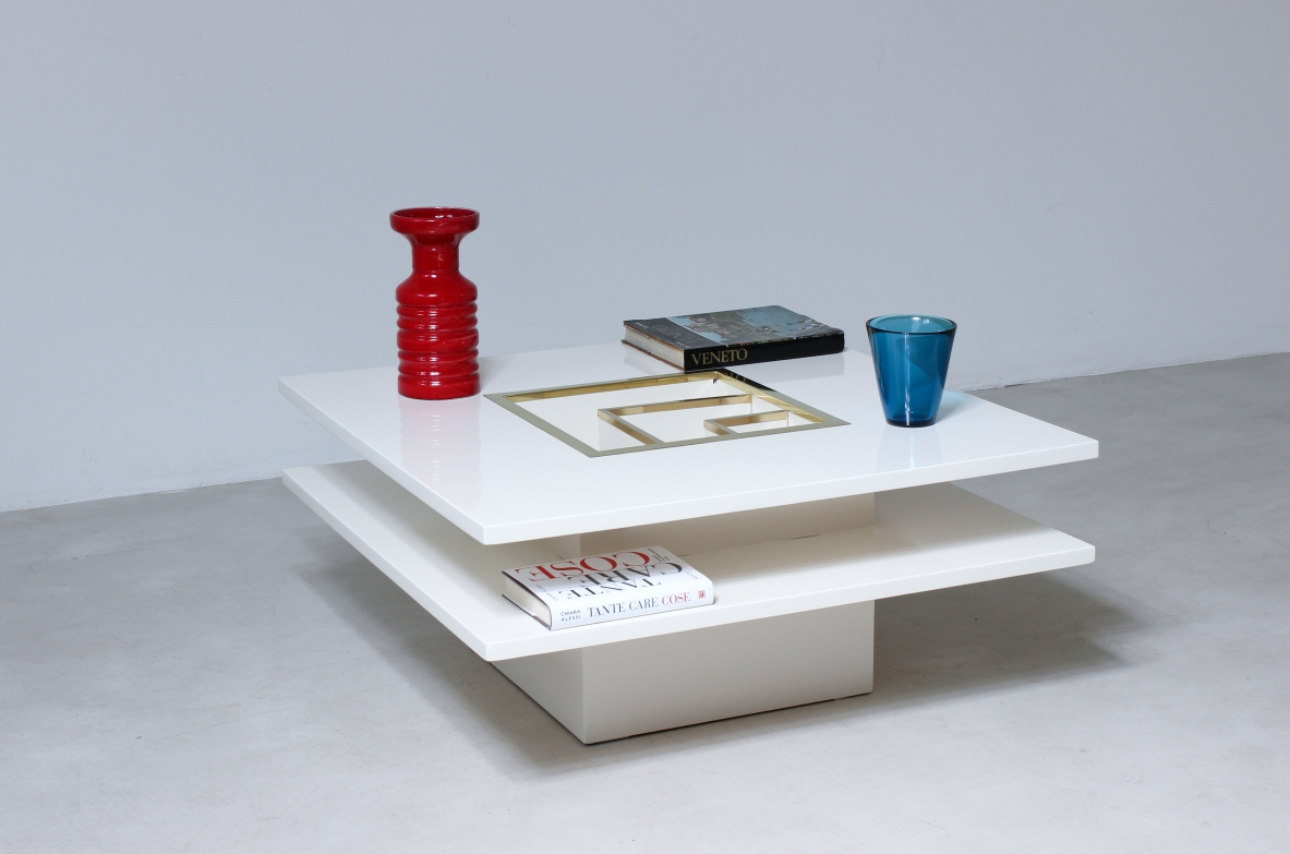 Mario Sabot. Low table in lacquered wood with central shaped bottle holder in brass. Sabot prod 1970's.