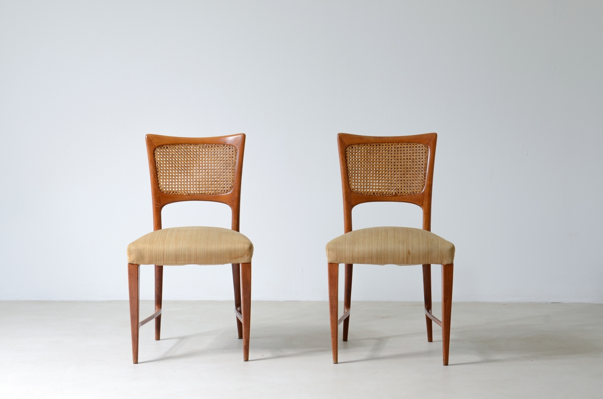 Paolo Buffa (1903-1970)  2 elegant chairs with open backrest in Vienna straw and upholstered seat.  Serafino Arrighi production, around 1950.  Bibl. Furniture by Paolo Buffa