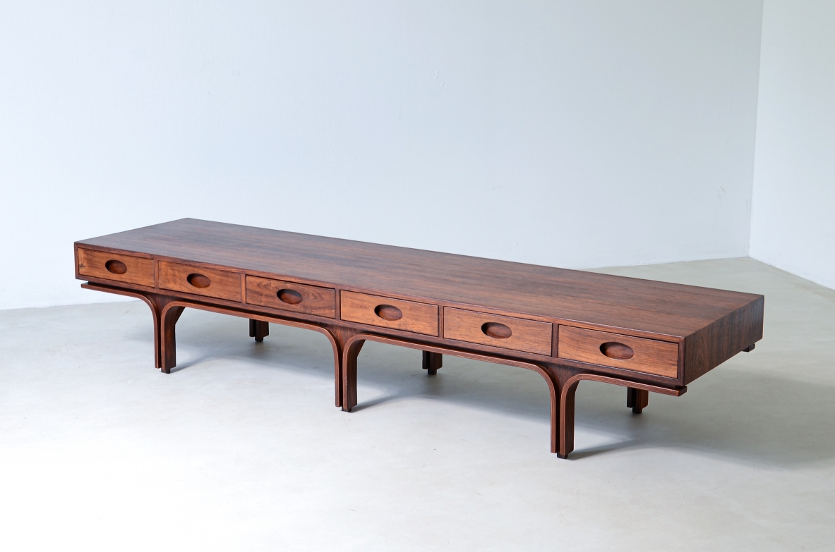 Gianfranco Frattini (1926-2004)  Rare low center table with 6 drawers and three uprights.  Bernini manufacture 1957.