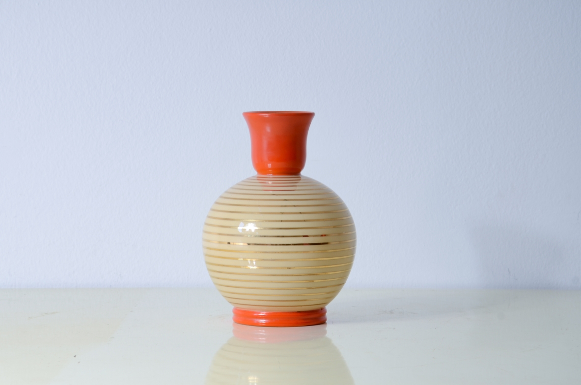 Rometti pottery  Round vase with gold finish and matt coral glazed opening. Umbertide manufacture 1940's.