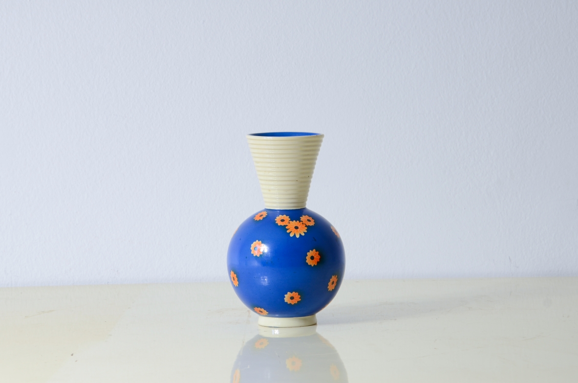 Rometti pottery  Blue vase with decoration and large threaded opening. Umbertide manufacture