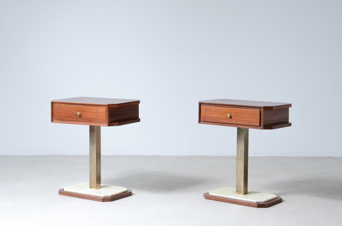 Pair of bedside tables in walnut with marble base and brass column uprights.  Italian manufacture around 1960s.