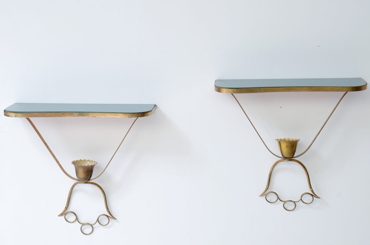 Pierluigi Colli (1895-1968)  Pair of small brass consoles with opaline glass top.    Italian manufacture, approx. 1950.