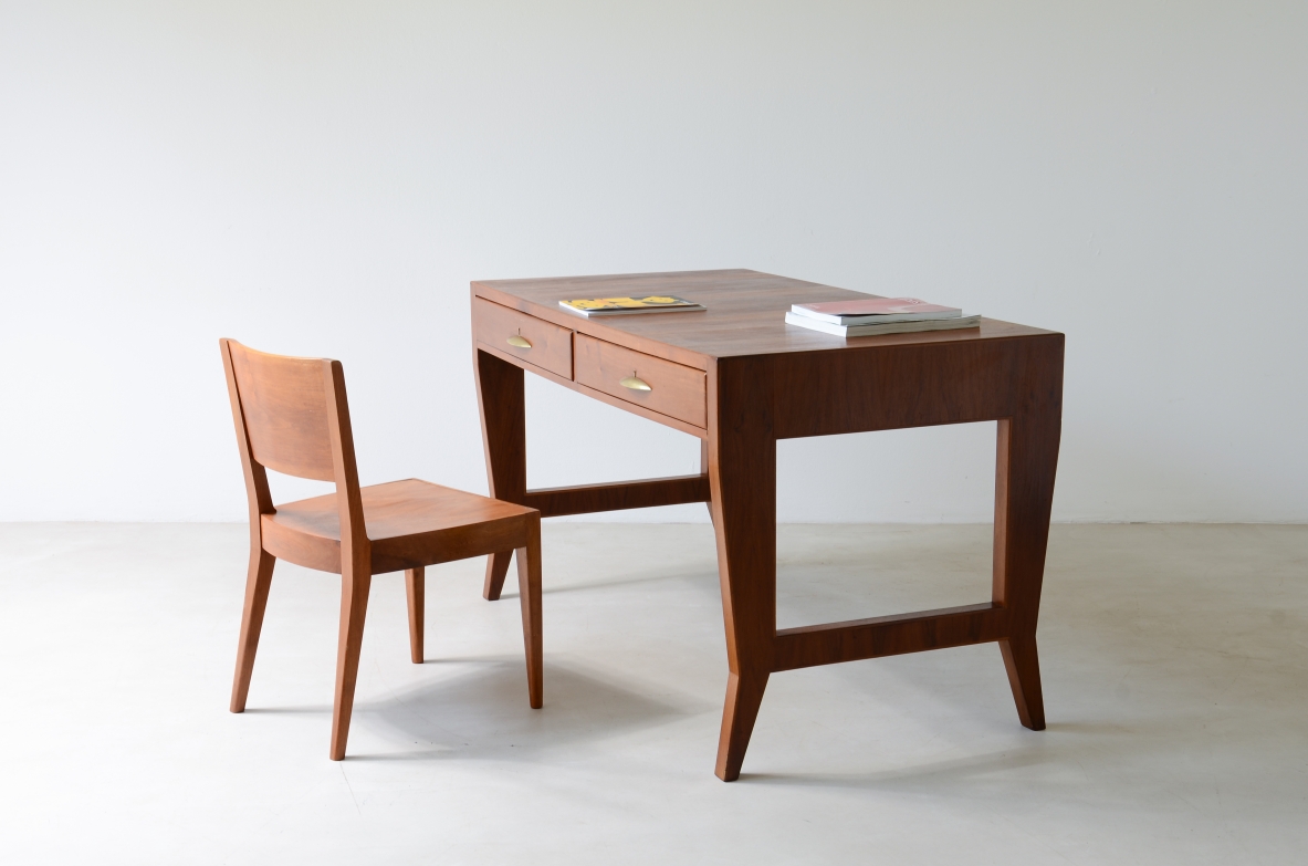 Gio Ponti walnut desk with drawers and a chair designed for university of Padova
