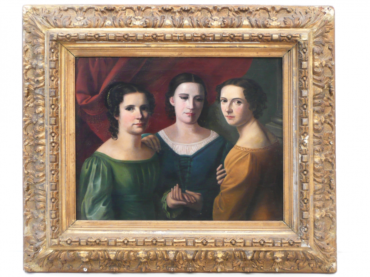 Peace", portrait of three ladies shaking their hands in an important gilded frame. Oil on canvas, Vienna 1830's.