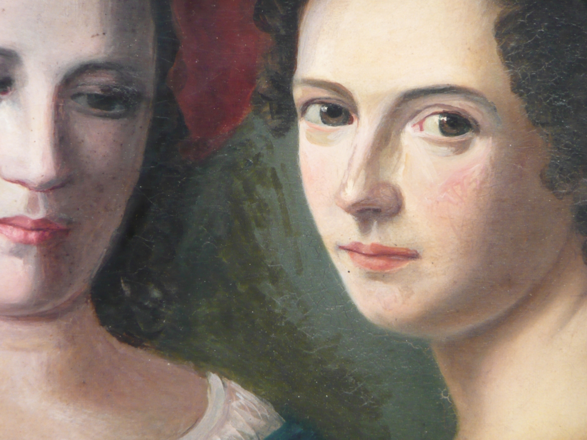 Peace", portrait of three ladies shaking their hands in an important gilded frame. Oil on canvas, Vienna 1830's.