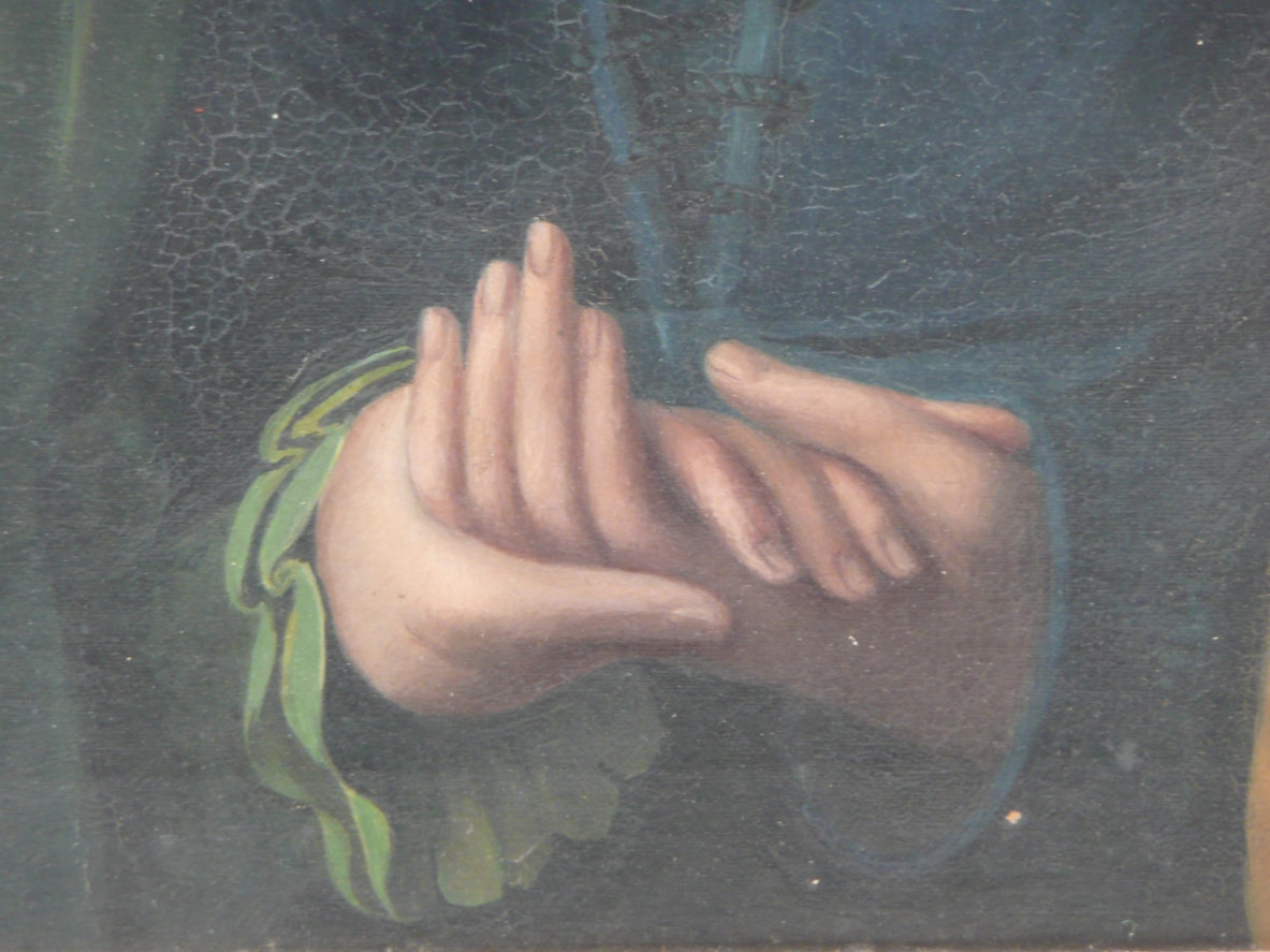 Peace", portrait of three ladies shaking their hands in an important gilded frame. Oil on canvas, Vienna 1830's.