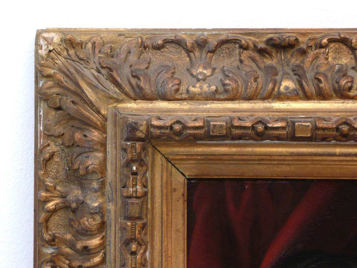 Peace", portrait of three ladies shaking their hands in an important gilded frame. Oil on canvas, Vienna 1830's.