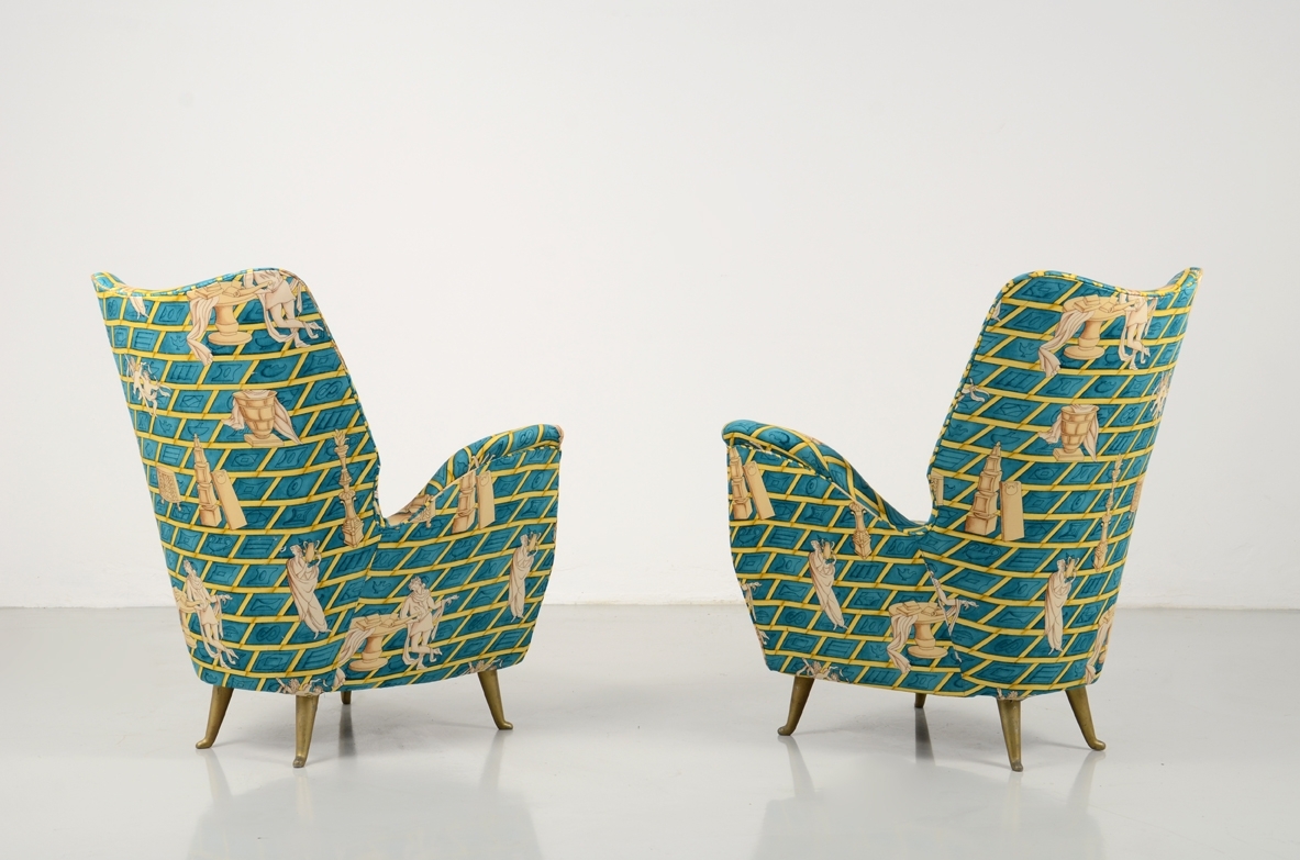 Paolo Buffa, pair of 1950's beautiful armchairs with original fabric designed by Gio Ponti, prod.Isa.