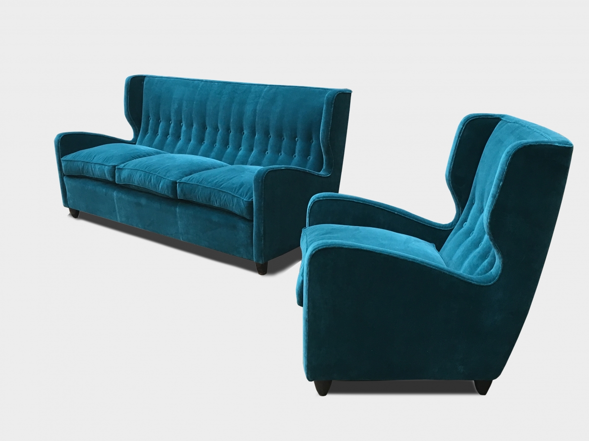 Melchiorre Bega, elegante set composto da divano e due poltrone, prod. Bega & C. Bologna 1940ca.