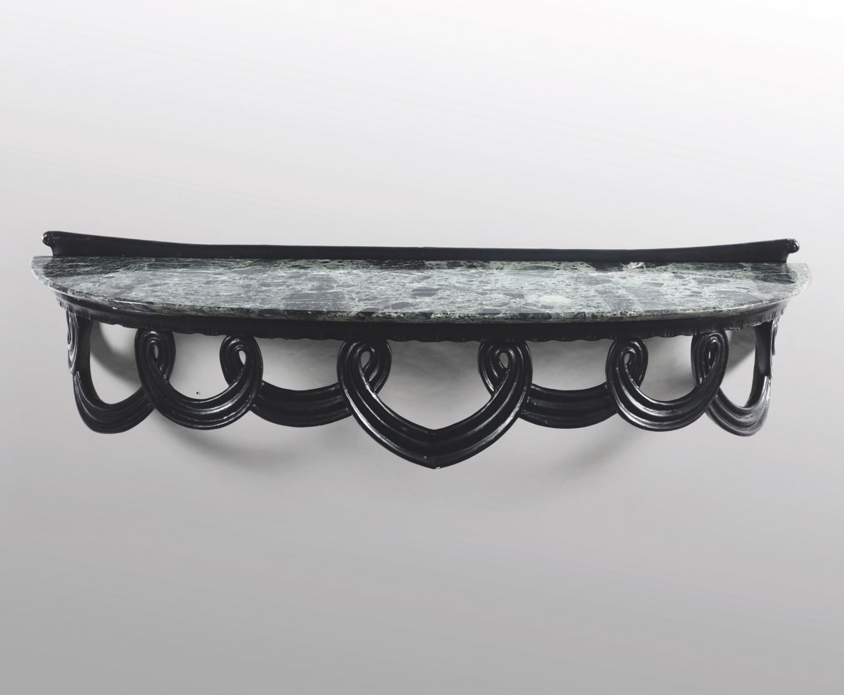 Elegant wall console with lacquered and sculpted wood structure and marble top. Italy, 1940ca.