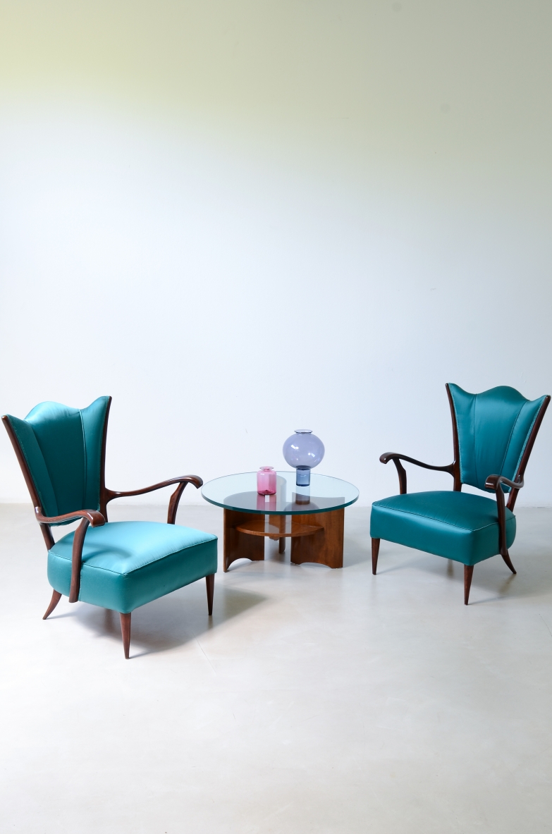 Pair of elegant walnut armchairs upholstered in satin fabric, Italy 1950ca.