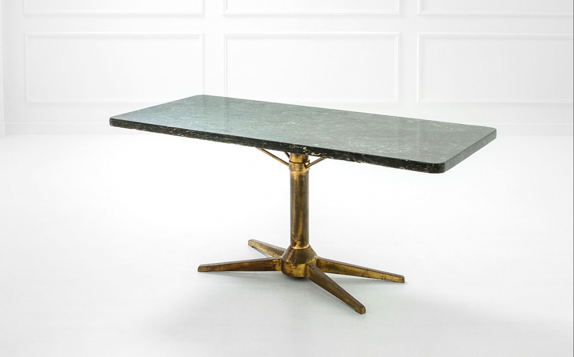 Luigi Caccia Dominioni, rare table/console with bronze base and a nice antique marble top. Designed as a unique piece for a private villa in Arenzano, 1950.