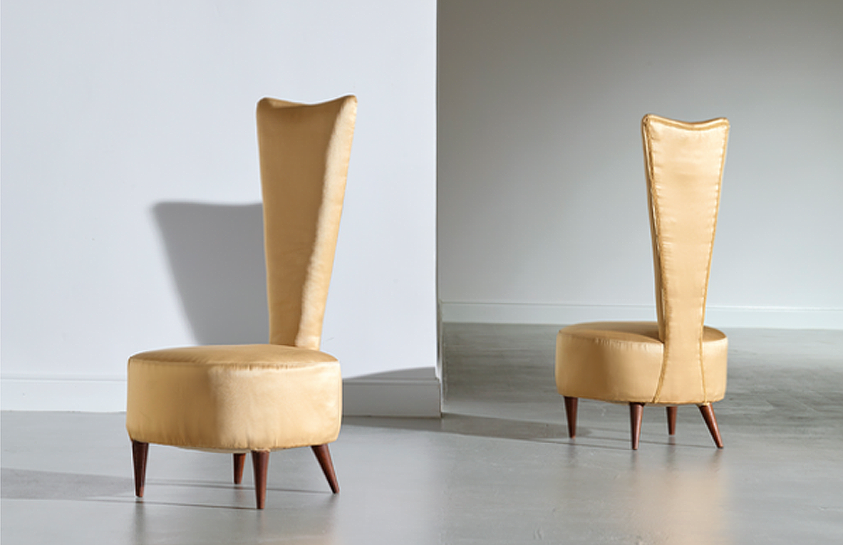 Cesare Lacca, unique pair of beautiful 1950's italian lounge chairs with high back.