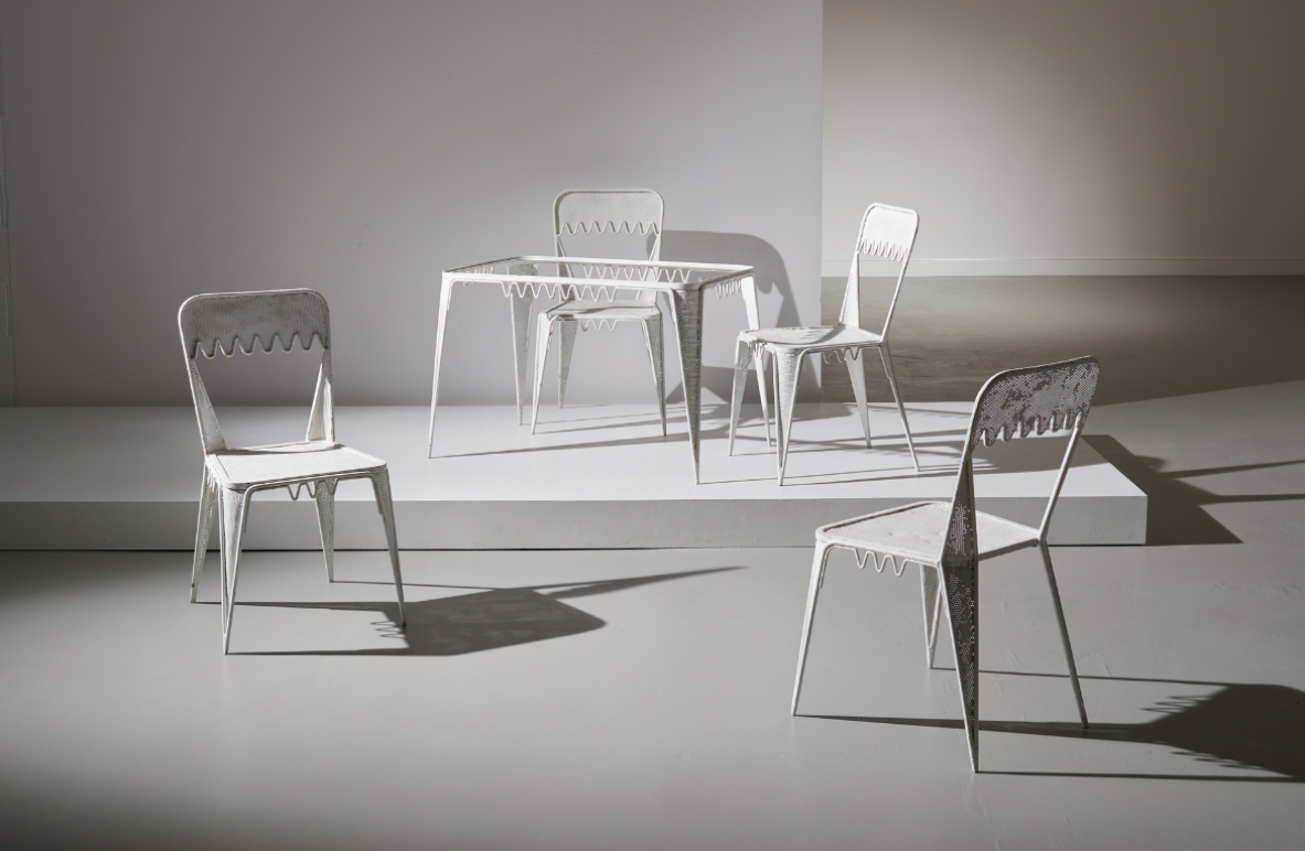 Lio Carminati, rare set of chairs and table in metalwork, prod. Casa & Giardino, Milano, 1950. 