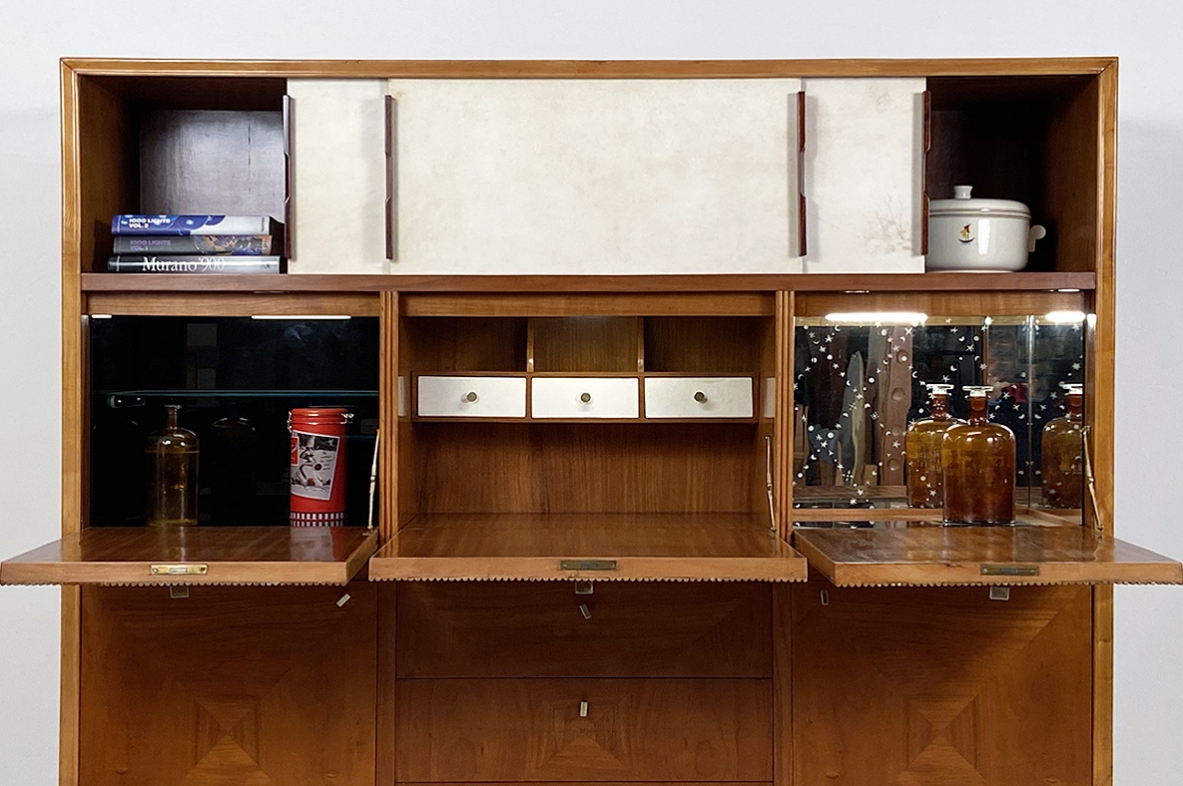 Italian vintage high cabinet with drawers and bar storage, 1940's