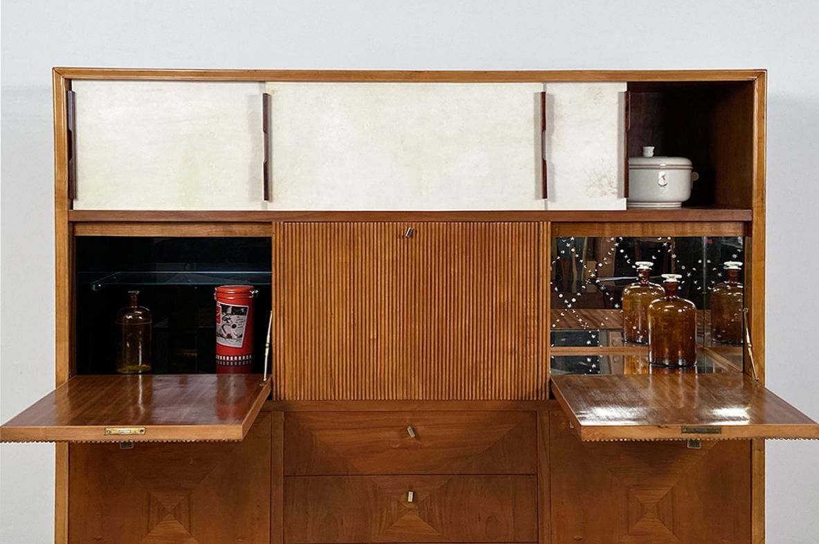 Italian vintage high cabinet with drawers and bar storage, 1940's