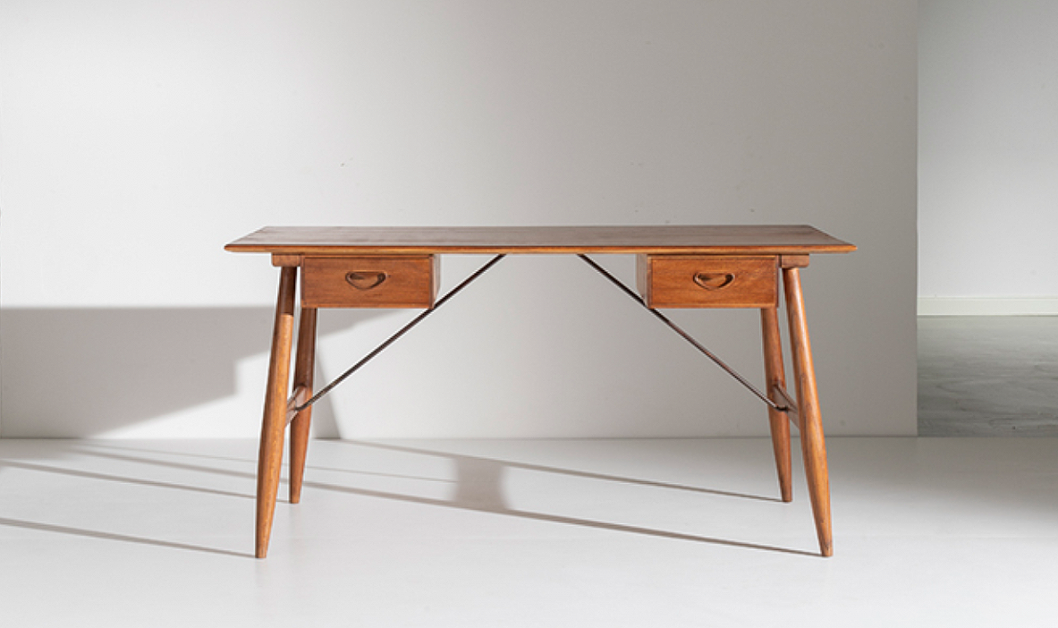 Peter Hvidt & Orla Mølgaard-Nielsen, ash wood desk with two side drawers and brass rods.
