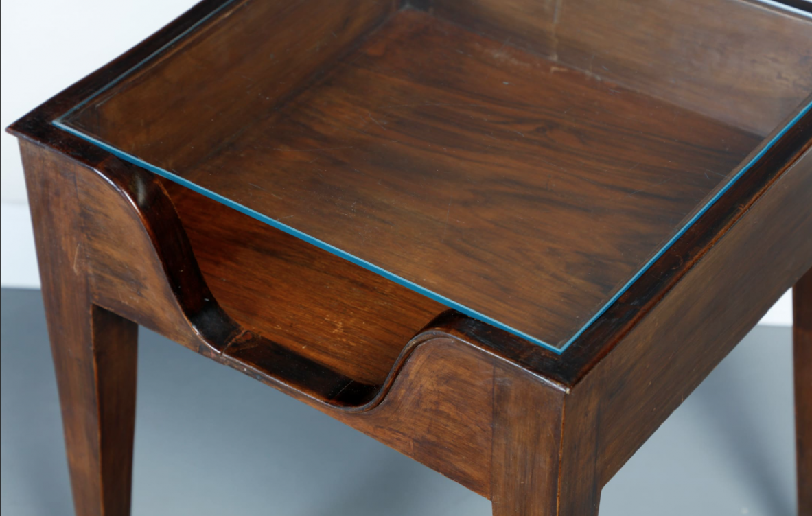 Gio Ponti attr., 1950's pair of side tables in walnut with glass top.