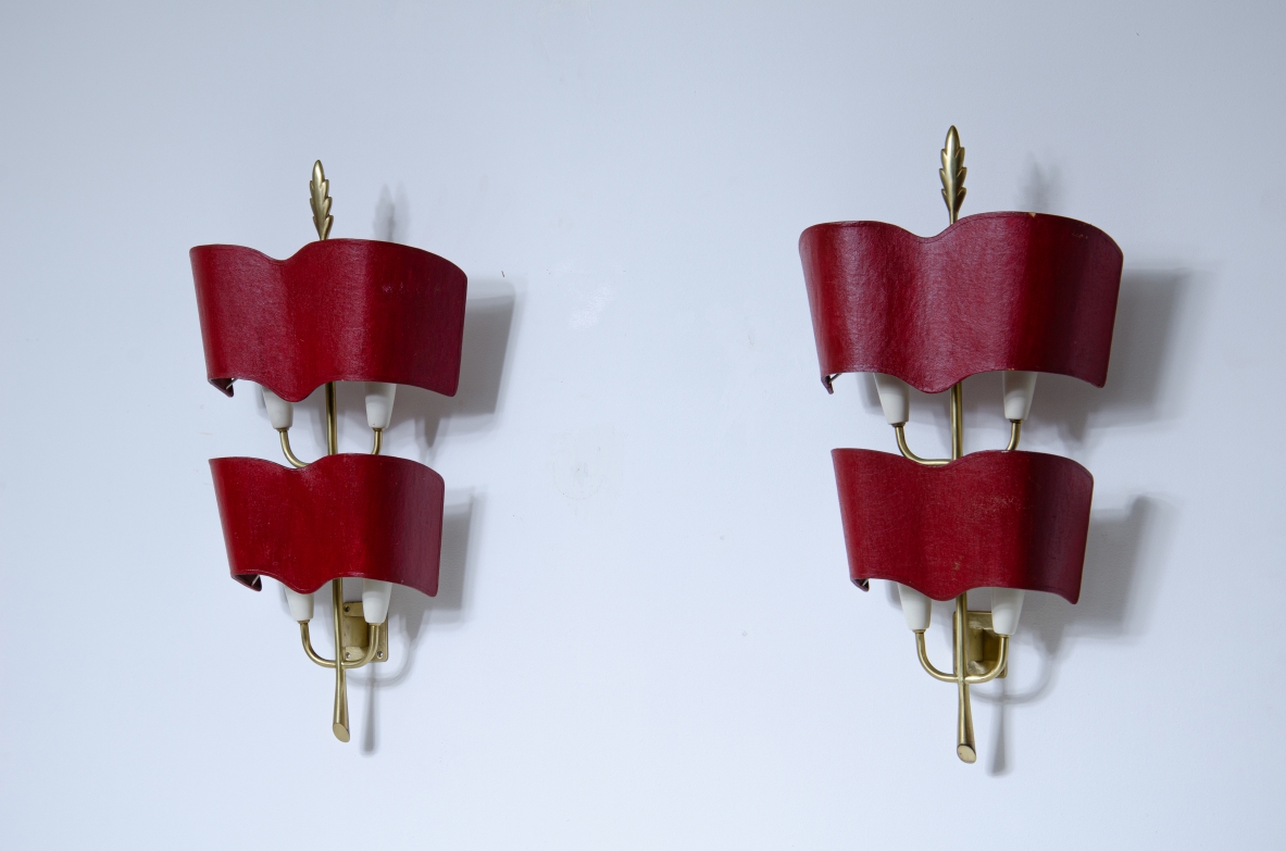 Pair of brass sconces with original shaped lampshades.  Milan, 1950s.