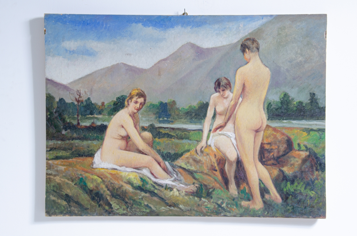 Noel Quintavalle (Ferrara 1893 - Alassio 1977)  Tre giovani al bagno.  Dipinto a olio su tavola, firmato e datato 1958. Noel Quintavalle (Ferrara 1893 - Alassio 1977)  Tre giovani al bagno.  Dipinto a olio su tavola, firmato e datato 1958.