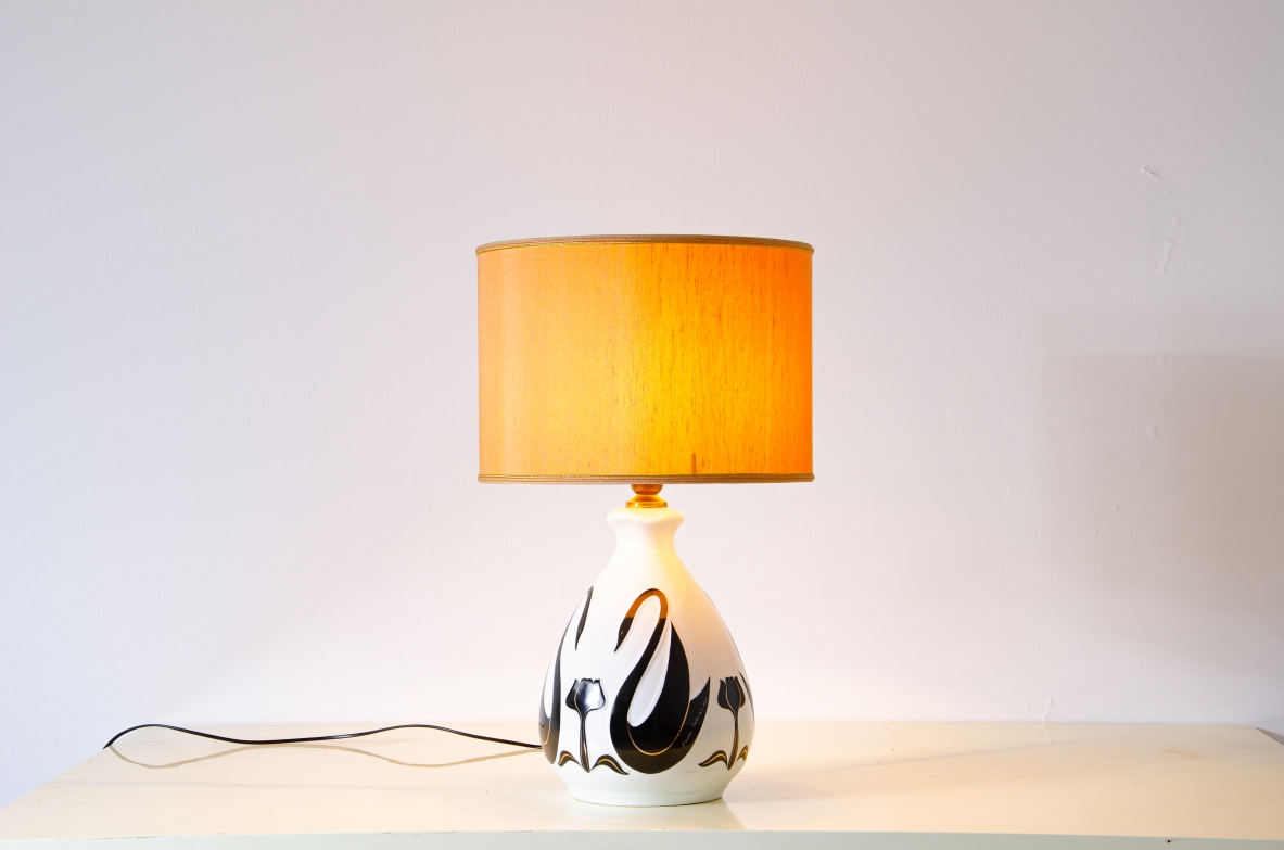 Ettore Sottsass, table lamp with painted ceramic base.  Signed Ettore Sottsass, 1962.
