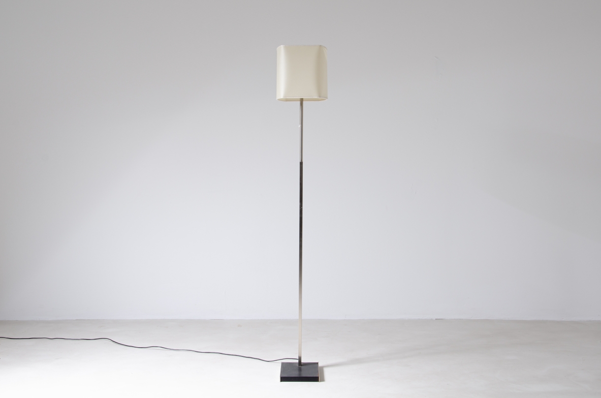 Stilnovo, floor lamp in satin steel and parchment lampshade.  Manufacturer's stamp inside.  Stilnovo, 1960ca.