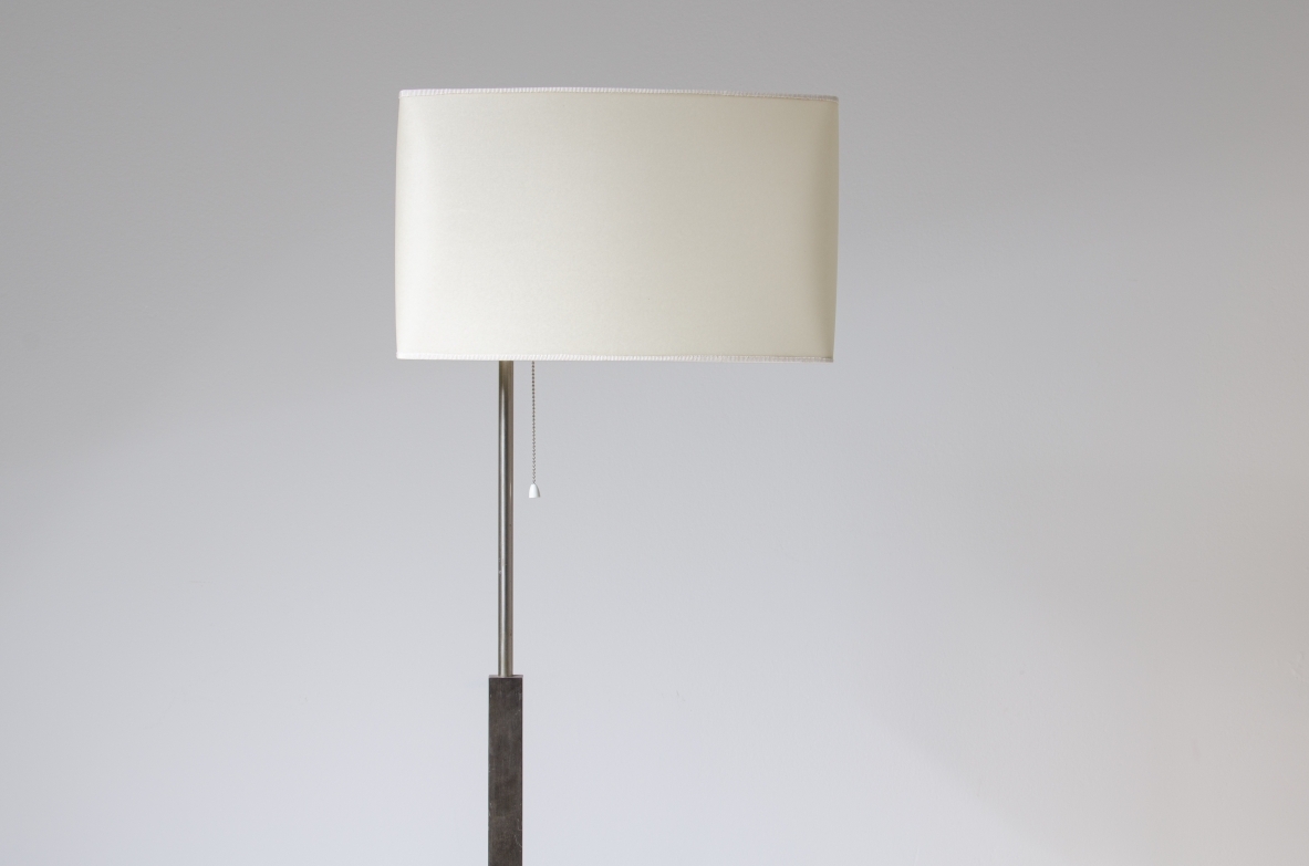 Stilnovo, floor lamp in satin steel and parchment lampshade.  Manufacturer's stamp inside.  Stilnovo, 1960ca.