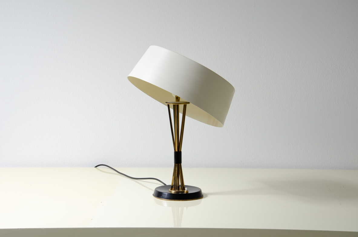 Giuseppe Ostuni, metal and brass table lamp with adjustable shade in all directions.  Oluce 1950s.
