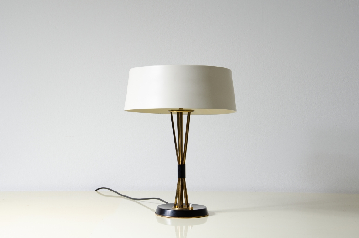 Giuseppe Ostuni, metal and brass table lamp with adjustable shade in all directions.  Oluce 1950s.