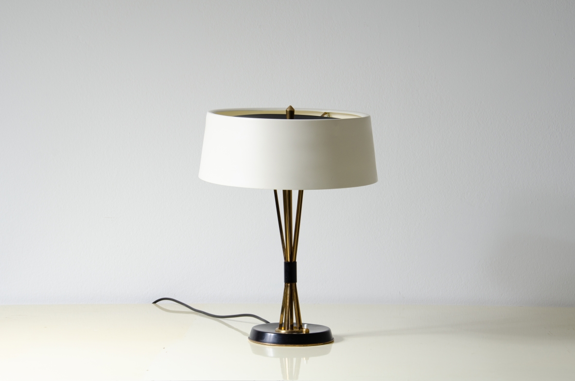 Giuseppe Ostuni, metal and brass table lamp with adjustable shade in all directions.  Oluce 1950s.
