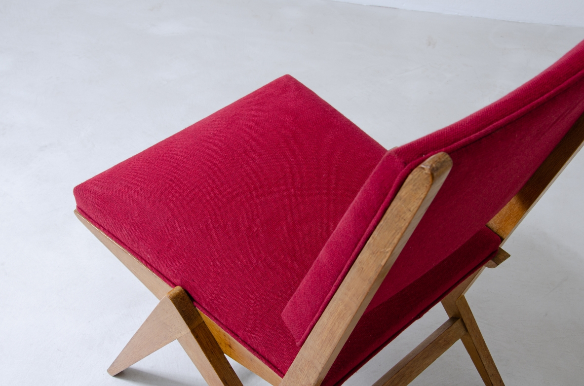 Set of six chairs in Oak with red fabric upholstery, France, 1950's.