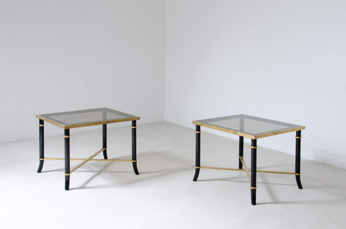 Pair of coffee tables in metal and brass with original burnished glass top.  1970's Italian manufacture.