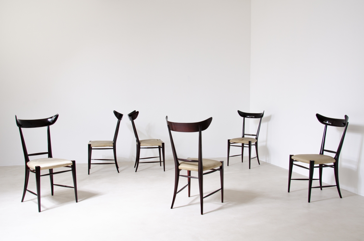 Silvio Cavatorta, rare set of 6 chairs in mahogany.  Manifactured by Cavatorta & Co. Italy, 1950s.